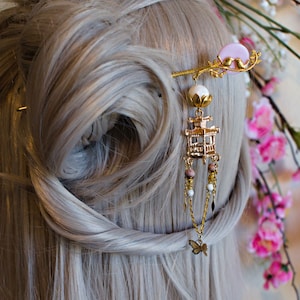 Gold Birds with Pink Moon Hair Stick