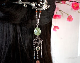 Silver Phoenix Hair Stick met groene agaat en zeepsteen