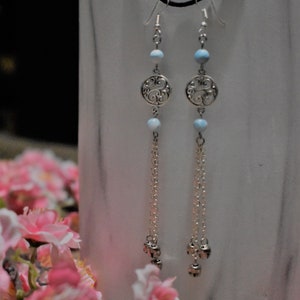 Oriental Swirl Pendant Earrings with Bells and Gemstone