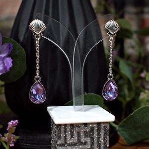 Shell Stud Earrings with a Light Purple Tear Drop Charm