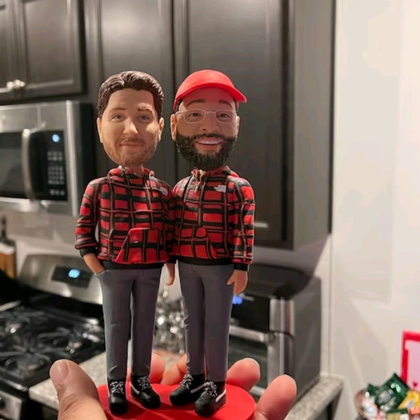 Custom gay Wedding Couple Bobbleheads, Bobble Head Gifts, anniversary gifts for gay couples/brother/partner in black and red checkout shirt