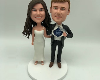 Custom Wedding Couple Bobbleheads, handamde Gift for wedding couple in wedding dress pulled tshirt wearing rings and earrings for add-on