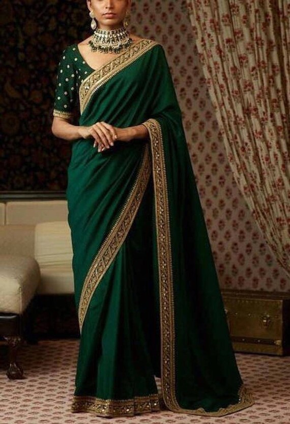 Sari brode vert foret pour l Aid de createur vert emeraude du sud de l Inde Sari de soiree brode en georgette verte