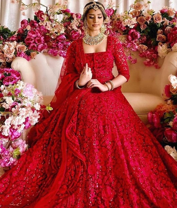 Embroidered Red Georgette Lehenga Choli Dupatta Party Wear Wedding