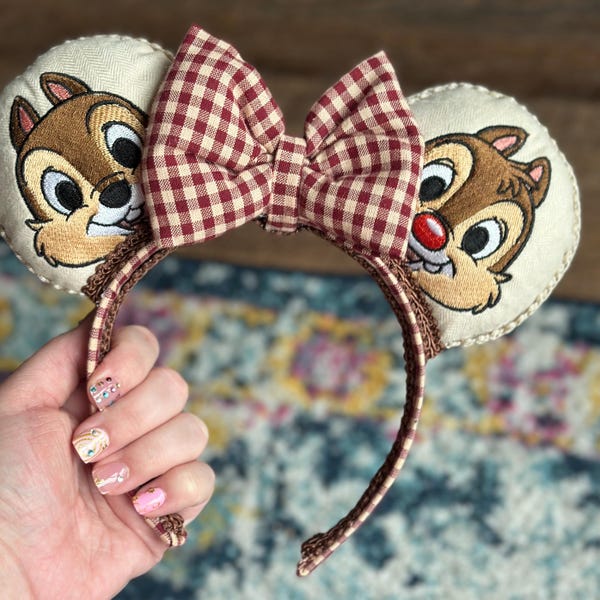 Ręcznie robione uszy myszy Chip & Dale | Uszy inspirowane parkiem | Kokarda w kratkę | Uszy wiewiórki