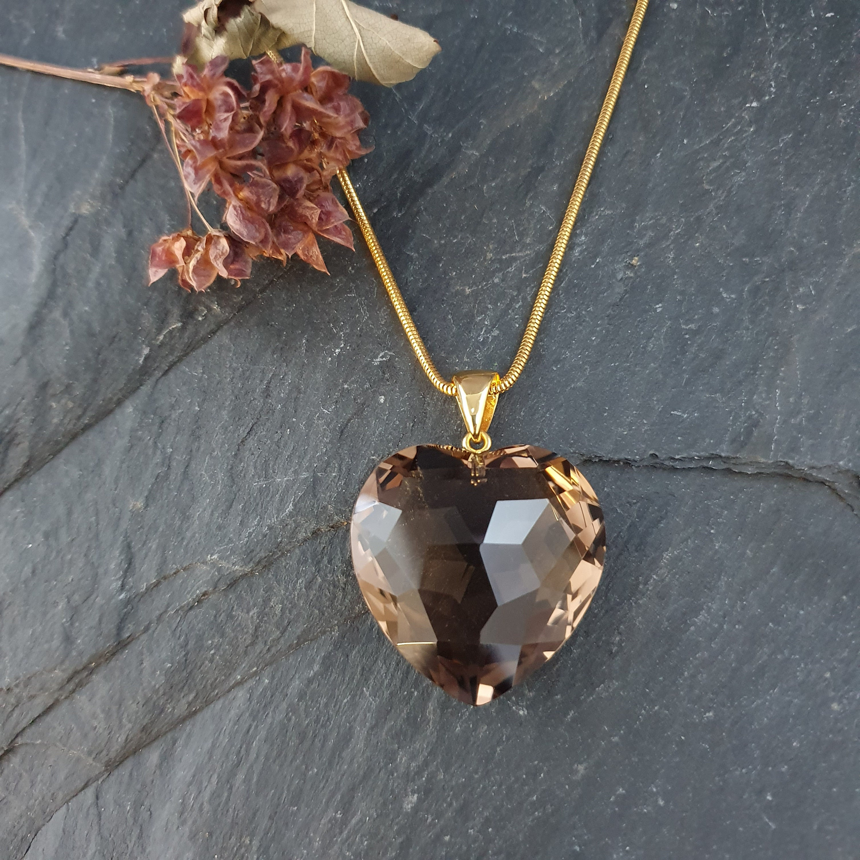 36Ct Smokey Quartz Heart Pendant Necklace 14K Yellow Gold