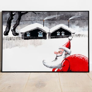 Puede incluir: Una pintura de acuarela de Santa Claus con un traje rojo y barba blanca, caminando en un paisaje nevado con dos pequeñas casas en el fondo.