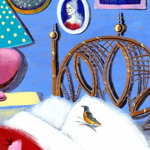 Uccello sul letto – Stampa magica per la cameretta dei bambini, arte murale dipinta a mano