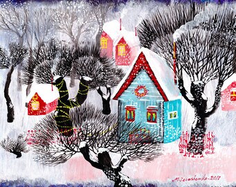 Vintage Winter Village Print | Landscape acrylic Painting PRINTABLE | Holiday Christmas Decor Print