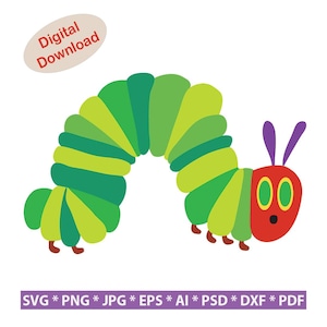 May include: A green and yellow caterpillar with a red head and purple antennae. The caterpillar is curled into a circle shape.