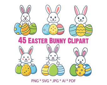 Påskhare Clipart, påsk Clip Art, påskhare - morot, kanin med påskägg, påskäggjaktskorg, 45 digitala påskklistermärken