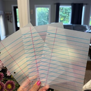 Puede incluir: Un mont&oacute;n de hojas de papel transl&uacute;cido con l&iacute;neas azules y rojas. El papel tiene tres agujeros perforados para usar en una carpeta. Las hojas se sostienen frente a un fondo borroso, con un ramo de flores en la esquina inferior izquierda.