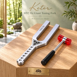 May include: A silver-toned metal tuning fork labeled 1092 Hz with a triangular cutout design and a series of circular indentations on the handle, accompanied by a mallet featuring a red translucent head and a black ribbed handle.