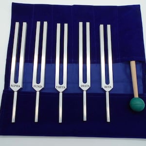 Set Of 5 Pc Brian Tuning Fork with Velvet pouch + Mallet Use for meditation, Relaxation Sound Healing.