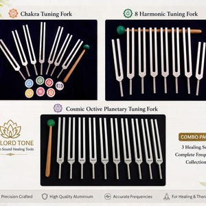 Può includere: Una collezione di diapason in metallo etichettati Chakra Tuning Fork, 8 Harmonic Tuning Fork e Cosmic Octave Planetary Tuning Fork. Il set include un martelletto in legno con testa verde, piccoli dischi colorati ed etichette con testo.
