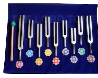 Professional  9 Sacred Solfeggio Tuning Fork with 528 Hz Tuning Fork + Colorful 9 Sign &  Velvet Pouch