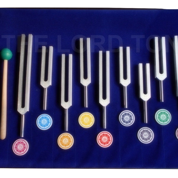 Professional  9 Sacred Solfeggio Tuning Fork with 528 Hz Tuning Fork + Colorful 9 Sign &  Velvet Pouch