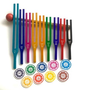 Professional 9  Solfeggio Color Tuning Fork Set  with 528 Hz Tuning Fork + Colorful Sign + Velvet Pouch