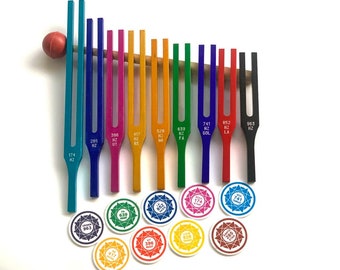 Professional 9  Solfeggio Color Tuning Fork Set  with 528 Hz Tuning Fork + Colorful Sign + Velvet Pouch