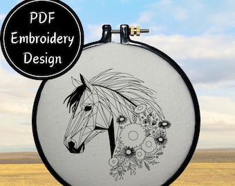 Polygramhäst med blommiga blommor handbroderi DIY-mönster