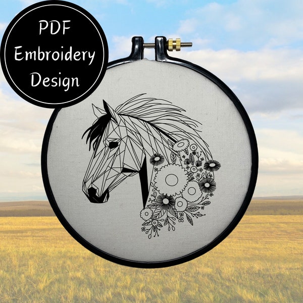 Polygram Horse with Floral Blooms Hand Embroidery DIY Pattern