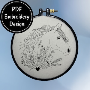 Horse with Heart And Floral Blooms Hand Embroidery DIY Pattern