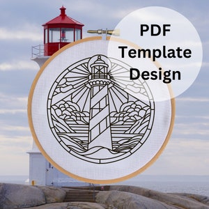 May include: A white embroidery hoop with a black and white line drawing of a lighthouse with sun rays and waves. The text "PDF Template Design" is on a white circle behind the hoop.