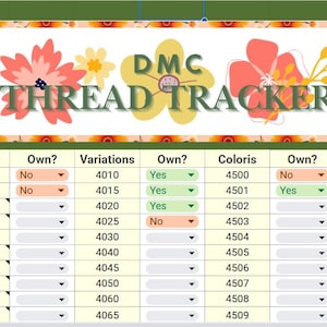 May include: A DMC thread tracker with a floral design. The text "DMC THREAD TRACKER" is displayed above a grid for tracking thread colors, variations, and ownership status. The color scheme includes pink, yellow, and green.