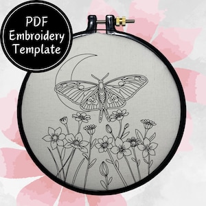 Luna Moth And Flowers Hand Embroidery Pattern DIY Embroidery