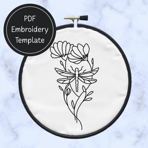 Flowers & Dragonfly Hand Embroidery Pattern DIY Floral Design For Hand Stitching - Instant Download
