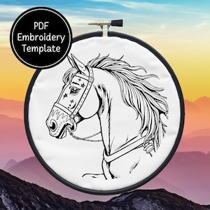 May include: Black and white line art embroidery design of a horse wearing a bridle with stars. The design is on a white background inside a round embroidery hoop.