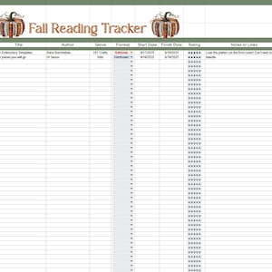 May include: A digital spreadsheet titled "Fall Reading Tracker" with a decorative pumpkin graphic. The spreadsheet includes columns for title, author, genre, format, start and finish dates, rating, and notes. The first two entries are for "Flower Embroidery Templates" and "Oh the places you will go."