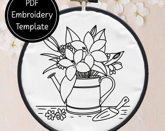 Tuin gieter handborduurpatroon DIY bloemdessin voor handstiksels - direct downloaden