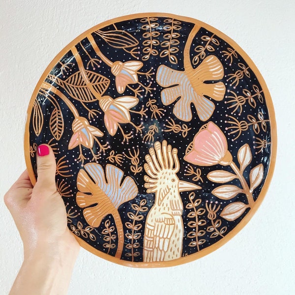 Unique Handmade Sgraffito Platter With Folk Style Design / Illustrated Ceramic Plate With Hoopoe Design / OOAK Black Handbuilt Plate