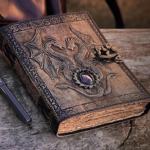 Embossed Double Dragon Leather Journal | Original Handmade DND Notebook, 5 Stone Choices | A5 Personalised Dragon Journal