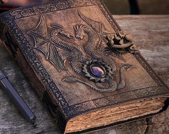 Embossed Double Dragon Leather Journal | Original Handmade DND Notebook, 5 Stone Choices | A5 Personalised Dragon Journal