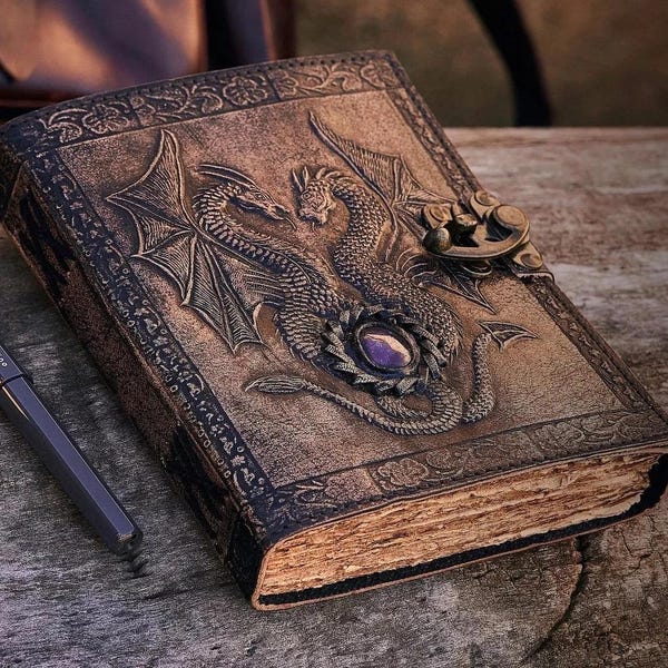 Amethyst Double Dragon Leather Journal | Original Embossed Handmade DND Notebook, 5 Stone Choices | A5 Personalised Dragon Journal