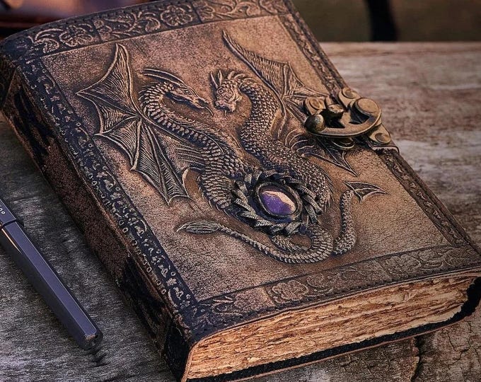 Amethyst Double Dragon Leather Journal | Original Embossed Handmade DND Notebook, 5 Stone Choices | A5 Personalised Dragon Journal