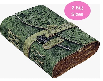 Green Floral Embossed Leather Journal | 4 Paper choices | Wrap around design  | A5 Size- by Grasslanders