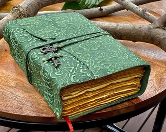 10"x 7" Big Green Key Floral Embossed Leather Journal | 3 Paper Options | Wrap Around Design | 400 Pages |