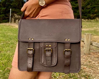 12'' Cow Leather Messenger Bag | Padded Compartments & Adjustable Shoulder Strap | Pure Cow Leather|