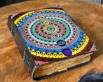 7 Chakra Multicoloured Leather Journal | 260 Deckled-Edge Pages | Hand-stitched Leather Journal | Card Holder inside