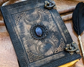 Fat 10"x 7"  Triple Moon Goddess Leather Journal - Midnight Black | 5 Stone Options | 400 Pages | 2x Brass Locks |