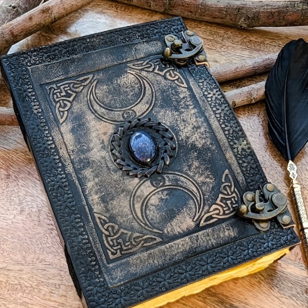 Fat 10"x 7"  Triple Moon Goddess Leather Journal - Midnight Black | 5 Stone Options | 400 Pages | 2x Brass Locks |