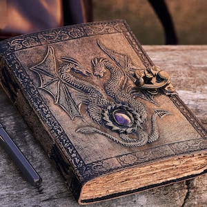 A5 DND Leather Journal | 240 Thick Vintage Pages | Brass C Clasp | Double Dragon notebook | Real Stones