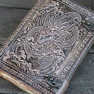 10''x7'' Asian Dragon Leather Journal - Antique Stone Color | 320 Pages | 2x Brass Locks | New Design | Personalised Journal