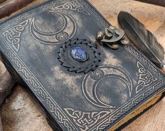 A5 Triple Moon Goddess Leather - Midnight Black- Journal | 5 Stone Options | 240 sheets | Brass C Clasp | Medieval | Goddess Leather Journal