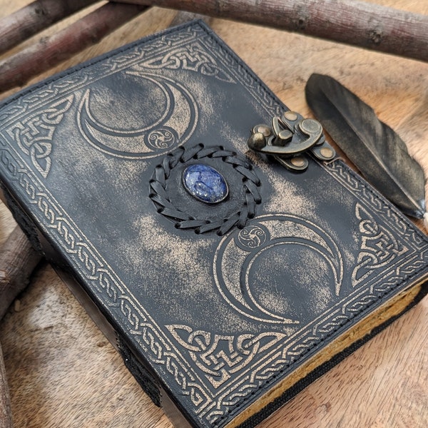 A5 Triple Moon Goddess Leather - Midnight Black- Journal | 5 Stone Options | 240 sheets | Brass C Clasp | Medieval | Goddess Leather Journal