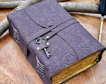 10"x 7" Fat Purple Floral Embossed Leather Journal | 4 Paper choices | Wrap around design - 2 size options |