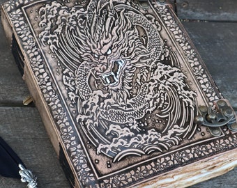 10'' Dragon Embossed Leather Journal | Antique Stone Color | 2x Brass Locks - Big Personalised Notebook